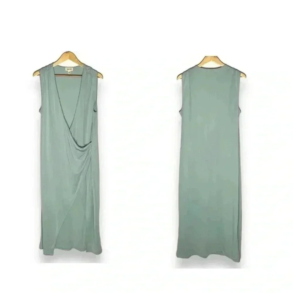 Open Edit Dress Size M Faux Wrap Midi Slit Ruched Bodycon Sea Green Deep V NEW